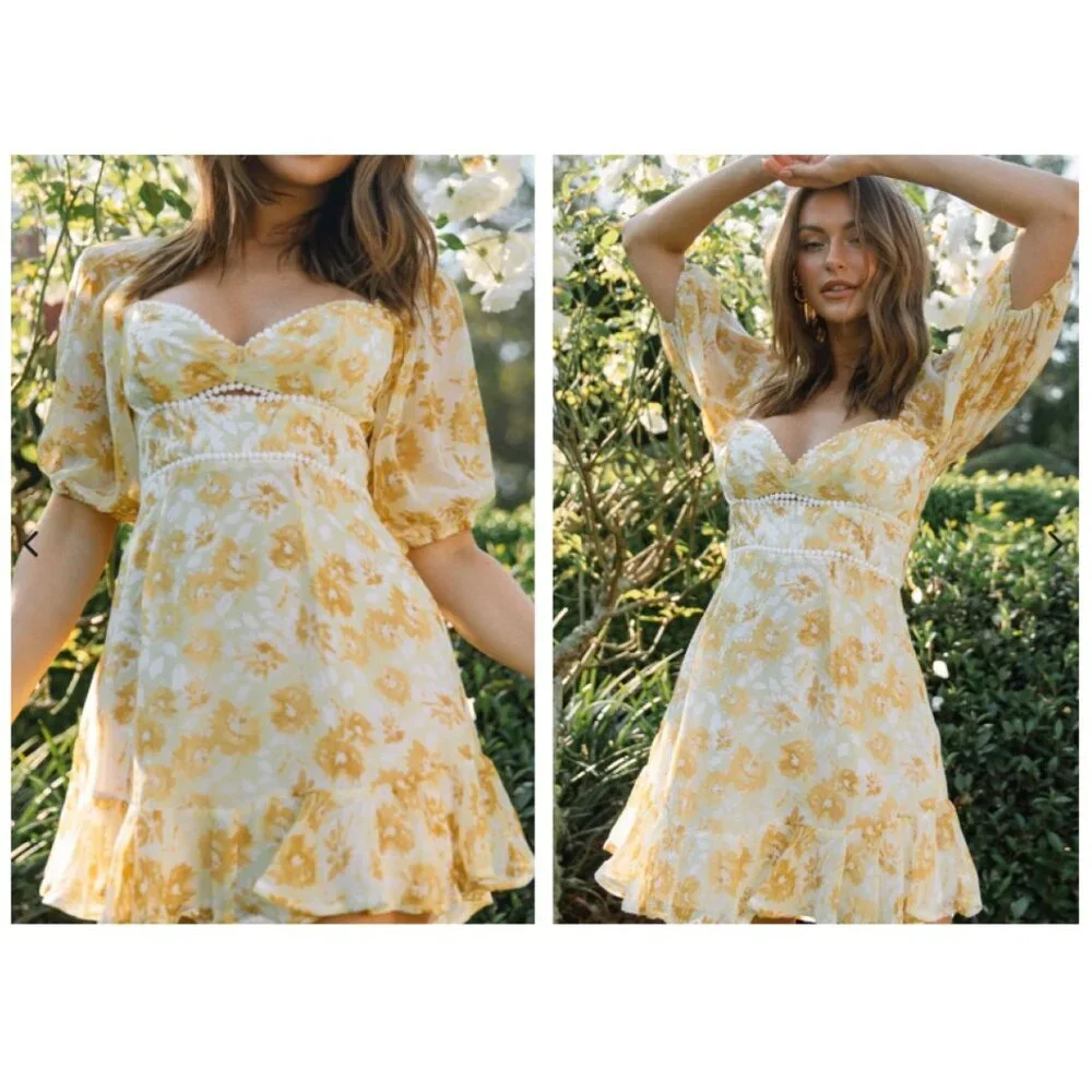 Catch Feelings Sweetheart Neckline Dot Trim Floral Print Pom Pom Small Dress - Picture 3 of 6